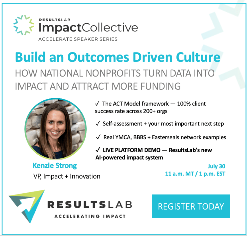 ResultsLab ImpactCollective Accelerate Speaker Series promo graphic: Build an Outcomes Driven Culture, featuring Kenzie Strong, VP Impact + Innovation